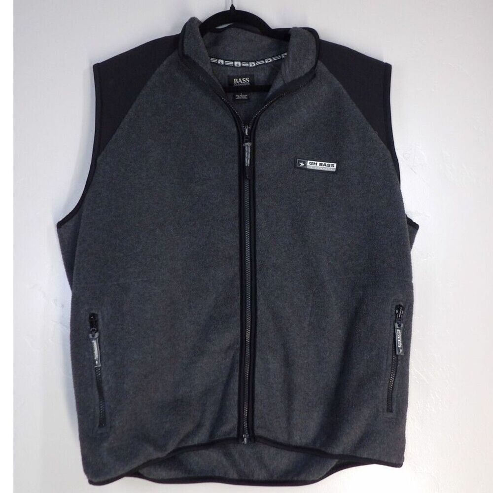 GH Bass Co Vest Mens Large Full Zip Fleece Vest Outdoor Hiking Black Gray Casual